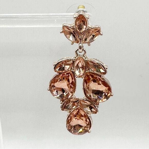 Lulus Chandelier Earrings Rose Gold Peach Rhinestones Crystal Cluster Signed - Picture 2 of 7